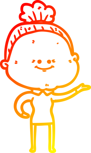 Bir insan tarafından çizilmiş mutlu, yaşlı bir kadının sıcak çizgi çizimi.