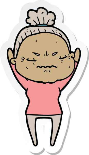 Çizgi film çıkartması. Bir insan tarafından çizilmiş yaşlı bir kadın.