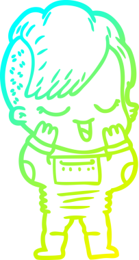 Bir insan tarafından çizilmiş uzay elbisesi içinde mutlu bir çizgi film kızı çizimi.