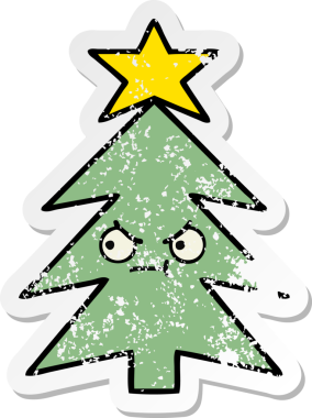 Bir insan tarafından çizilmiş şirin bir karikatür Noel ağacının sıkıntılı çıkartması.