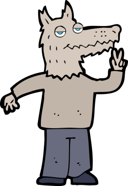 Bir insan tarafından çizilmiş mutlu kurt adam çizgi filmi.