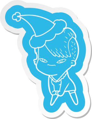 Hipster saç kesimi olan, Noel Baba şapkası takan bir kızın komik çizgi film çıkartması.