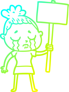 Bir insan tarafından çizilmiş protesto yazısıyla ağlayan bir karikatür çizimi.