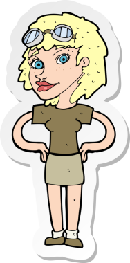 Bir insan tarafından çizilmiş bir karikatür retro pilot kadının çıkartması.