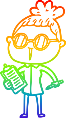 Bir insan tarafından çizilmiş gözlük takan bir karikatür kadının çizimi.