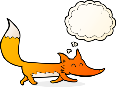 Bir insan tarafından çizilmiş düşünce baloncuklu küçük tilki.