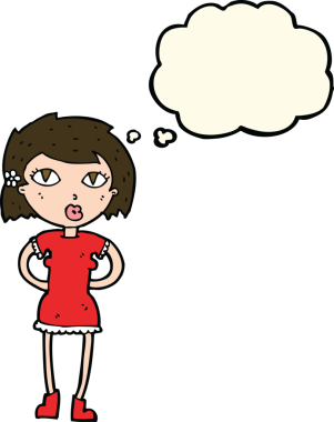 Bir insan tarafından çizilmiş düşünce baloncuğu olan çizgi film kadını.