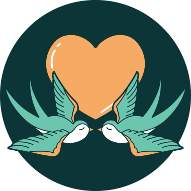 Kırlangıçların ikonik dövme şekli ve bir insan tarafından çizilmiş bir kalp.