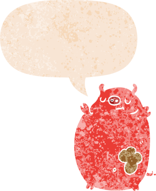 Bir insan tarafından çizilmiş grunge dertli retro tarzı konuşma baloncuğu ile çizgi film şişman domuz