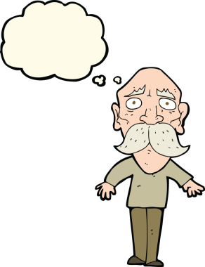 Bir insan tarafından çizilmiş düşünce baloncuğu olan üzgün yaşlı bir adam.