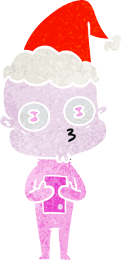 Bir insan tarafından çizilmiş Noel Baba şapkası giymiş garip kel bir uzaylının el çizimi karikatürü.