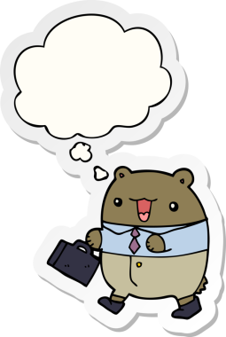 Bir insan tarafından çizilmiş bir çıkartma gibi düşünce baloncuğu olan şirin bir çizgi film iş ayısı.