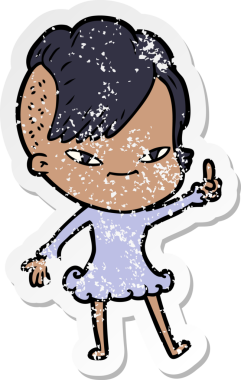 Hipster saç kesimi bir insan tarafından çizilmiş tatlı bir çizgi film kızına ait sıkıntılı bir etiket.