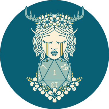 Retro Dövme Tarzı Ağlayan Elf Druid karakteri suratı Bir insan tarafından çizilmiş doğal bir D20 ruloyla