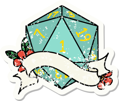 Bir insan tarafından çizilmiş doğal bir d20 zarının grunge çıkartması.