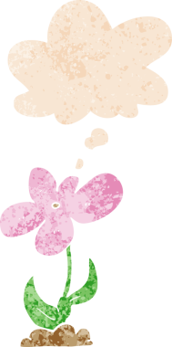 Düşünce baloncuğu ve grunge desenli karikatür çiçeği bir insan tarafından çizilmiş.