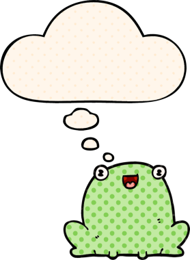 Çizgi roman tarzında düşünce baloncuğu olan çizgi film kurbağası.