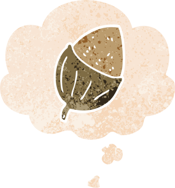 Düşünce baloncuğu ve grunge ile çizgi film meşe palamudu bir insan tarafından çizilmiş sıkıntılı retro dokuma tarzı