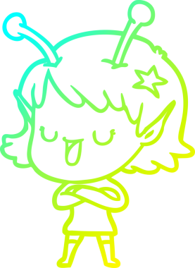 Bir insan tarafından çizilmiş mutlu bir uzaylı kız çizgi filmi.