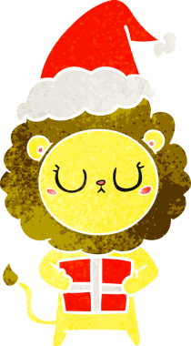 Bir insan tarafından çizilmiş Noel Baba şapkası giymiş bir aslanın el çizimi karikatürü.