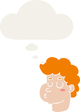 Düşünce baloncuğu olan erkek yüzü bir insan tarafından çizilmiş.