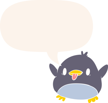 Bir insan tarafından çizilmiş konuşma baloncuğu olan sevimli penguen çizgi filmi.