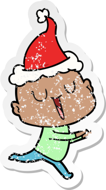 Mutlu el çizilmiş hüzünlü bir çıkartma. Kel bir adamın Noel Baba şapkası giymiş bir insan tarafından çizilmiş bir karikatürü.