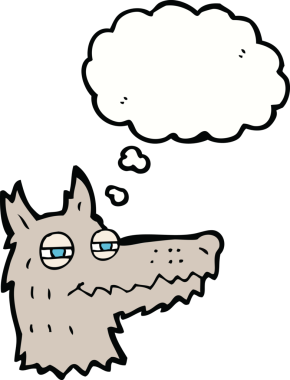 Bir insan tarafından çizilmiş düşünce baloncuklu kendini beğenmiş kurt yüzü.