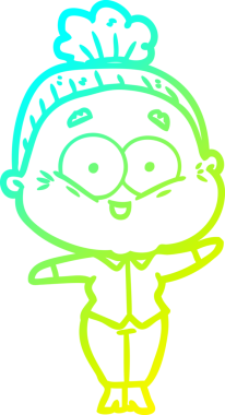 Bir insan tarafından çizilmiş, mutlu, yaşlı bir kadının çizimi.