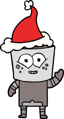 Bir insan tarafından çizilmiş Noel Baba şapkasıyla el sallayan bir robot çizimi.