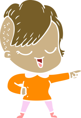 Mutlu düz renkli çizgi film kızı bir insan tarafından çizilmiş.