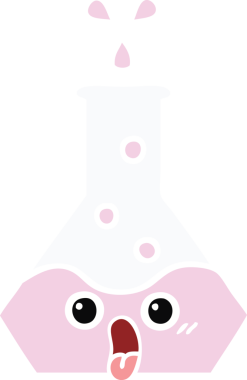 Bir insan tarafından çizilmiş bir bilim şişesinin düz renkli retro karikatürü