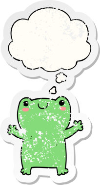 Düşünce baloncuğu olan sevimli çizgi film kurbağası insan tarafından çizilmiş yıpranmış bir çıkartma.