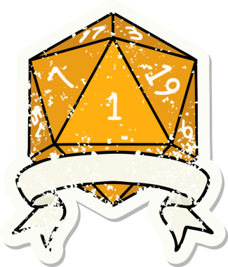 Bir insan tarafından çizilmiş doğal bir d20 zarının grunge çıkartması.