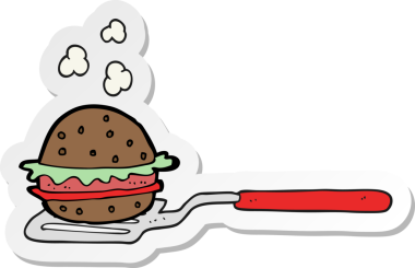 Bir insan tarafından çizilmiş hamburgerli çizgi film spatulasının çıkartması.