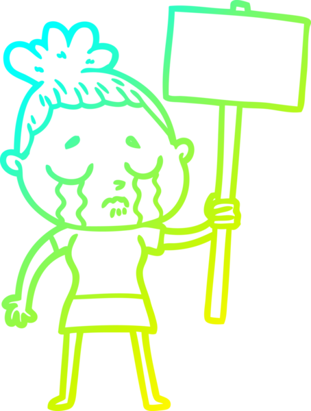 Bir insan tarafından çizilmiş protesto yazısıyla ağlayan bir karikatür çizimi.