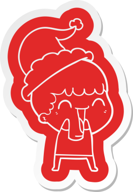 Bir insan tarafından çizilmiş Noel Baba şapkası giyen mutlu bir adamın garip çizgi film çıkartması.