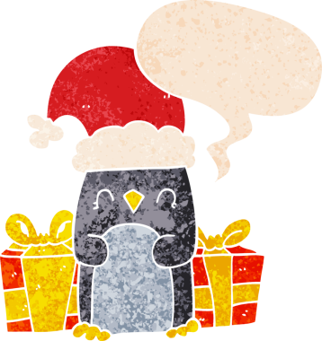 Hoş bir noel pengueni grunge 'da konuşma baloncuğu olan kederli eski moda bir insan tarafından çizilmiş.