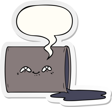 Bir insan tarafından çizilmiş konuşma balonu çıkartmalı karikatür yağı varili.