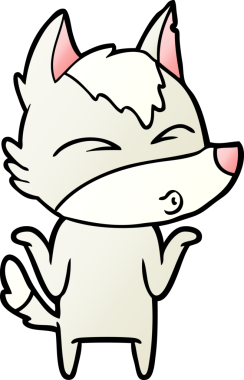 Bir insan tarafından çizilmiş omuzlarını silkeleyen kurt çizgi filmi.