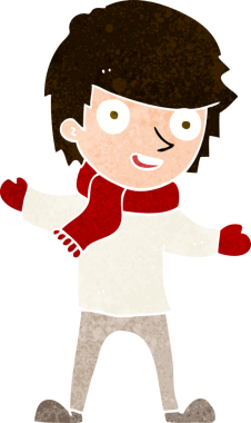 Bir insan tarafından çizilmiş kışlık giysiler içindeki çizgi film çocuğu.