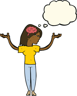 Bir insan tarafından çizilmiş düşünce baloncuğu olan zeki bir kadın.