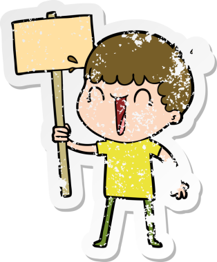 Bir insan tarafından çizilmiş pankartı sallayan, gülen bir karikatürcünün sıkıntılı çıkartması.