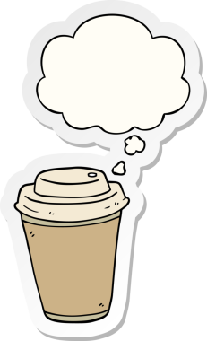 Düşünce baloncuklu kahve fincanı insan tarafından çizilmiş bir çıkartma.