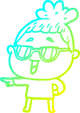 Bir insan tarafından çizilmiş gözlük takan mutlu bir kadının çizgi film çizimi.