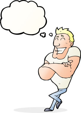 Bir insan tarafından çizilmiş düşünce balonlu kaslı adam.