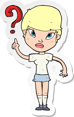 Bir insan tarafından çizilmiş sorular soran bir karikatür kadının çıkartması.