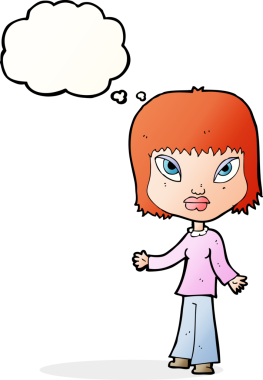 Bir insan tarafından çizilmiş düşünce balonlu açık kollu çizgi film kadını.