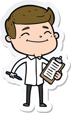 Bir insan tarafından çizilen ankete katılan mutlu bir çizgi film karakterinin çıkartması.