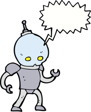 Bir insan tarafından çizilmiş konuşma balonlu uzaylı robot.